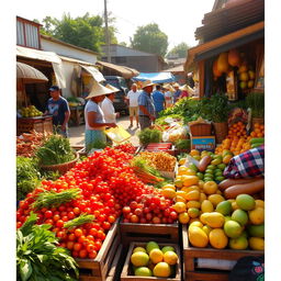 A lively local rural market showcasing a vibrant display of fresh fruits and vegetables