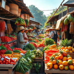 A lively local rural market showcasing a vibrant display of fresh fruits and vegetables