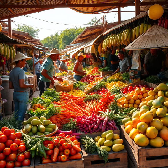 A lively local rural market showcasing a vibrant display of fresh fruits and vegetables