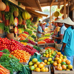 A lively local rural market showcasing a vibrant display of fresh fruits and vegetables