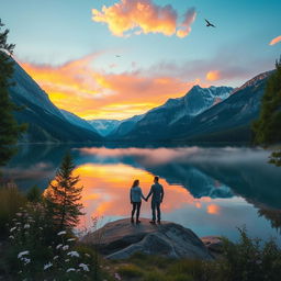 A serene landscape depicting a crystal-clear lake surrounded by majestic mountains