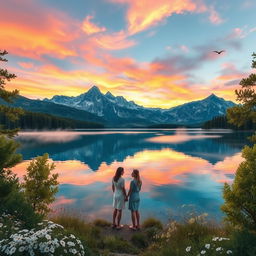 A serene landscape depicting a crystal-clear lake surrounded by majestic mountains