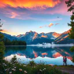 A serene landscape depicting a crystal-clear lake surrounded by majestic mountains
