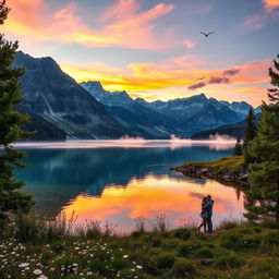 A serene landscape depicting a crystal-clear lake surrounded by majestic mountains