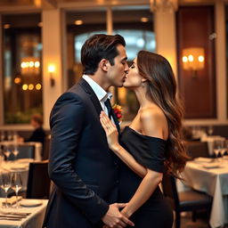 A passionate moment of a man kissing the lips of a beautiful woman