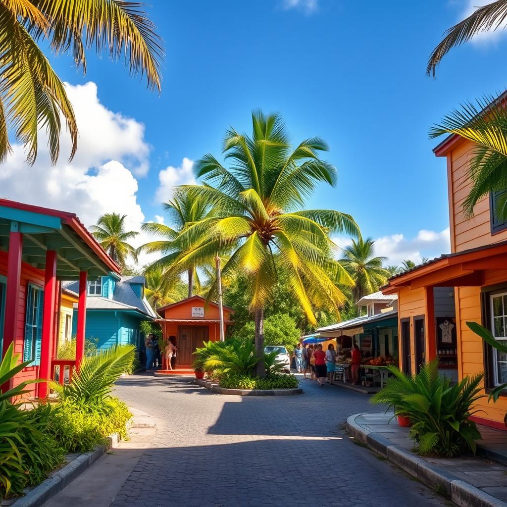 A picturesque rural street in the Caribbean, featuring colorful wooden houses with vibrant paint, lush tropical vegetation lining the road, palm trees swaying gently in the breeze, a clear blue sky overhead with a few fluffy clouds, cobblestone pathways, and a quaint local market in the background with people enjoying their day