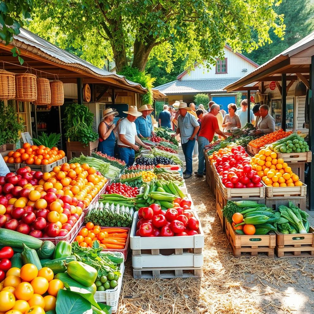 A bustling local rural market with an inviting display of fresh fruits and vegetables