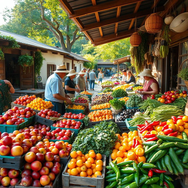 A bustling local rural market with an inviting display of fresh fruits and vegetables