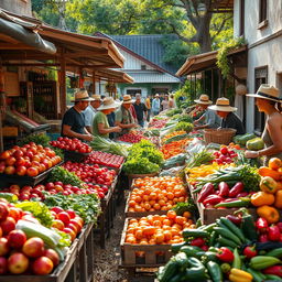 A bustling local rural market with an inviting display of fresh fruits and vegetables