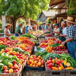 A bustling local rural market with an inviting display of fresh fruits and vegetables