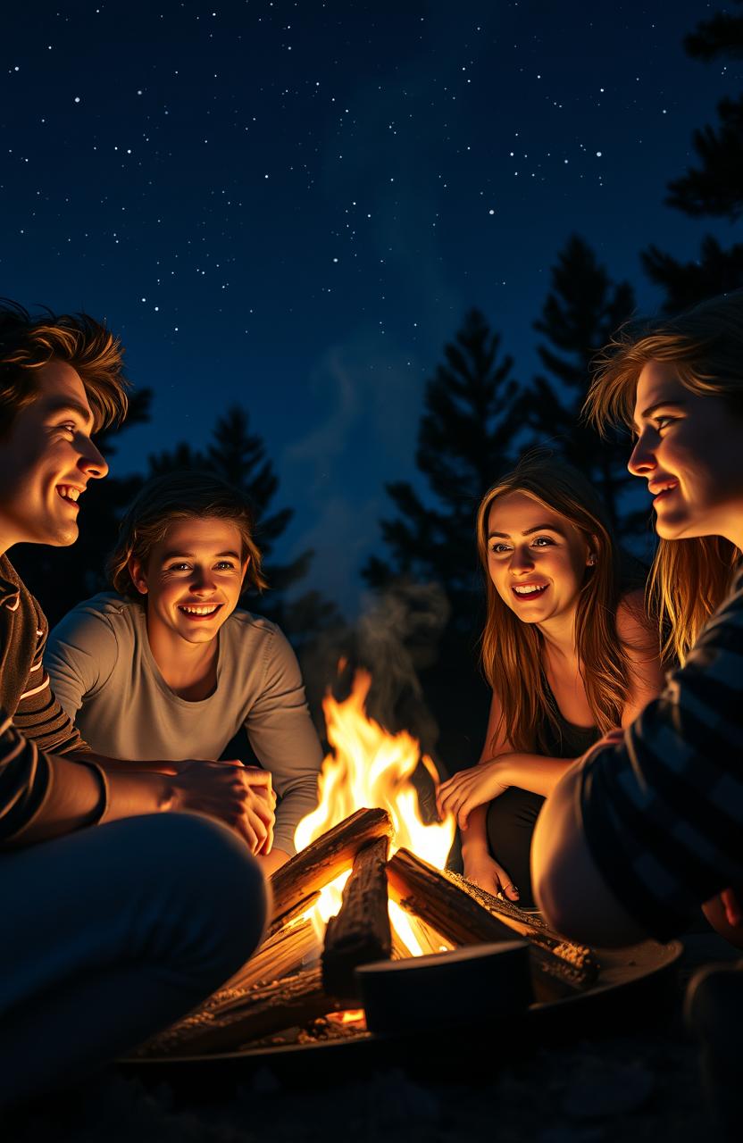 A dramatic scene depicting a group of young adults, sitting around a campfire under a starry night sky, engaged in a game of Truth or Dare
