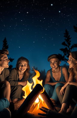 A dramatic scene depicting a group of young adults, sitting around a campfire under a starry night sky, engaged in a game of Truth or Dare