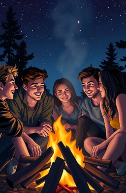A dramatic scene depicting a group of young adults, sitting around a campfire under a starry night sky, engaged in a game of Truth or Dare