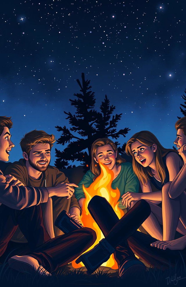 A dramatic scene depicting a group of young adults, sitting around a campfire under a starry night sky, engaged in a game of Truth or Dare