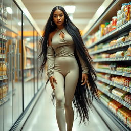 A 23-year-old Black woman with long, flowing black hair, standing in a grocery store
