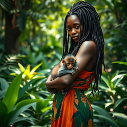A striking image of a dark-skinned African American woman with waist-long dreadlocks, gently cradling a baby monkey in her arms