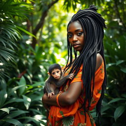 A striking image of a dark-skinned African American woman with waist-long dreadlocks, gently cradling a baby monkey in her arms