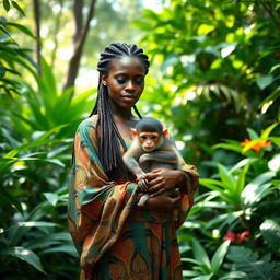 A striking image of a dark-skinned African American woman with waist-long dreadlocks, gently cradling a baby monkey in her arms