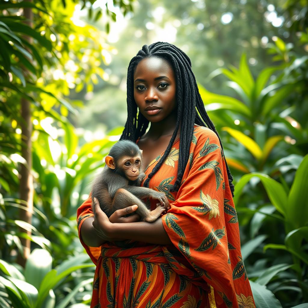 A striking image of a dark-skinned African American woman with waist-long dreadlocks, gently cradling a baby monkey in her arms