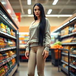 A full-body portrait of a 23-year-old Caucasian woman with long black hair