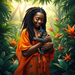 A vivid portrayal of a dark-skinned African American woman with waist-long dreadlocks, lovingly cradling a baby monkey in her arms