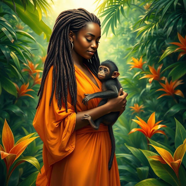 A vivid portrayal of a dark-skinned African American woman with waist-long dreadlocks, lovingly cradling a baby monkey in her arms