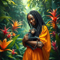 A vivid portrayal of a dark-skinned African American woman with waist-long dreadlocks, lovingly cradling a baby monkey in her arms