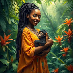 A vivid portrayal of a dark-skinned African American woman with waist-long dreadlocks, lovingly cradling a baby monkey in her arms