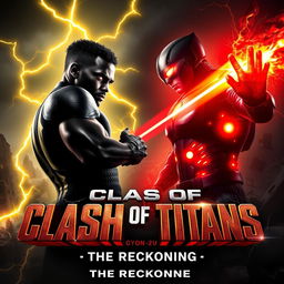 A dramatic face-off poster featuring Justin Blaze, a black superhero, and a formidable Cyborg, a half-human half-android