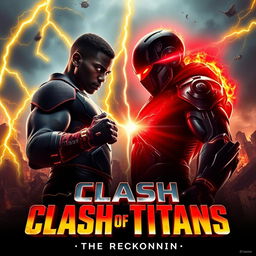 A dramatic face-off poster featuring Justin Blaze, a black superhero, and a formidable Cyborg, a half-human half-android