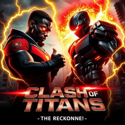 A dramatic face-off poster featuring Justin Blaze, a black superhero, and a formidable Cyborg, a half-human half-android