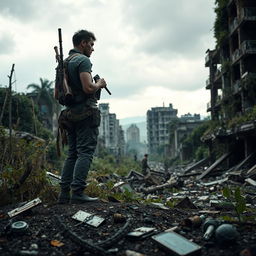 A dramatic scene in a post-apocalyptic environment, showcasing a lone survivor standing amidst the ruins of a crumbling city