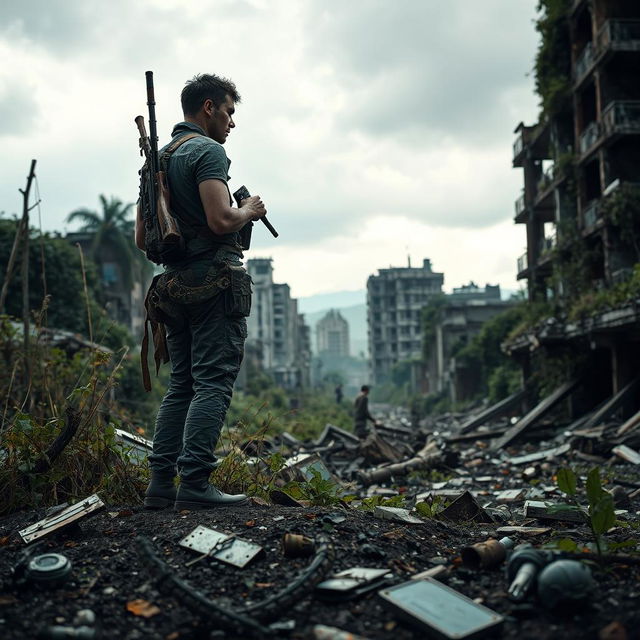 A dramatic scene in a post-apocalyptic environment, showcasing a lone survivor standing amidst the ruins of a crumbling city