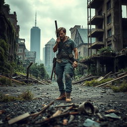 A dramatic scene in a post-apocalyptic environment, showcasing a lone survivor standing amidst the ruins of a crumbling city