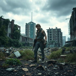 A dramatic scene in a post-apocalyptic environment, showcasing a lone survivor standing amidst the ruins of a crumbling city