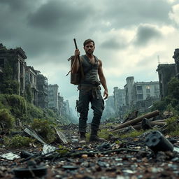 A dramatic scene in a post-apocalyptic environment, showcasing a lone survivor standing amidst the ruins of a crumbling city