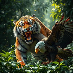 A dramatic scene featuring a fierce tiger in the act of devouring a majestic eagle