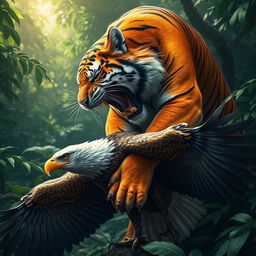 A dramatic scene featuring a fierce tiger in the act of devouring a majestic eagle