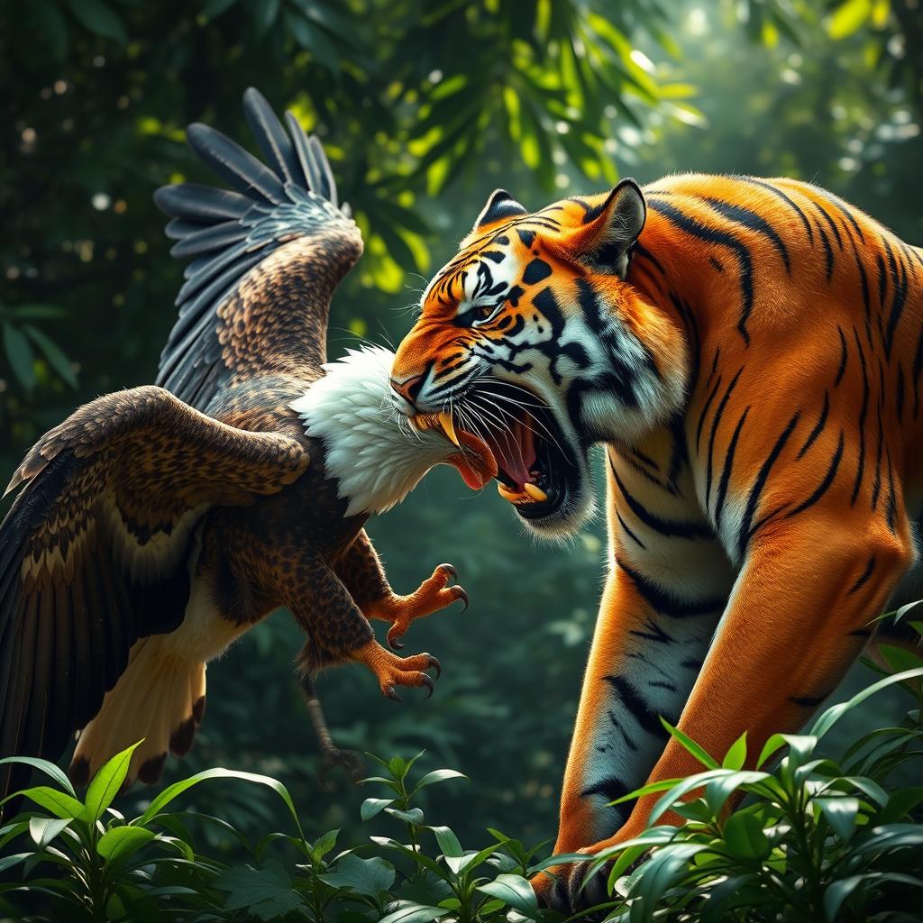 A dramatic scene featuring a fierce tiger in the act of devouring a majestic eagle
