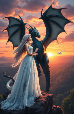 A majestic scene depicting a beautiful white princess, wearing an elegant flowing gown adorned with silver and blue, standing on a cliff overlooking a vast, enchanted forest