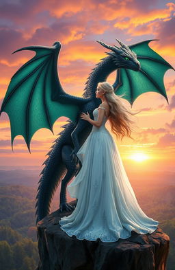 A majestic scene depicting a beautiful white princess, wearing an elegant flowing gown adorned with silver and blue, standing on a cliff overlooking a vast, enchanted forest