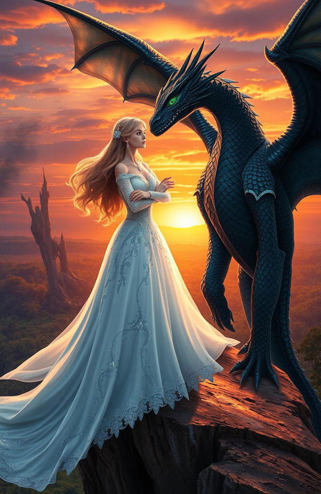 A majestic scene depicting a beautiful white princess, wearing an elegant flowing gown adorned with silver and blue, standing on a cliff overlooking a vast, enchanted forest