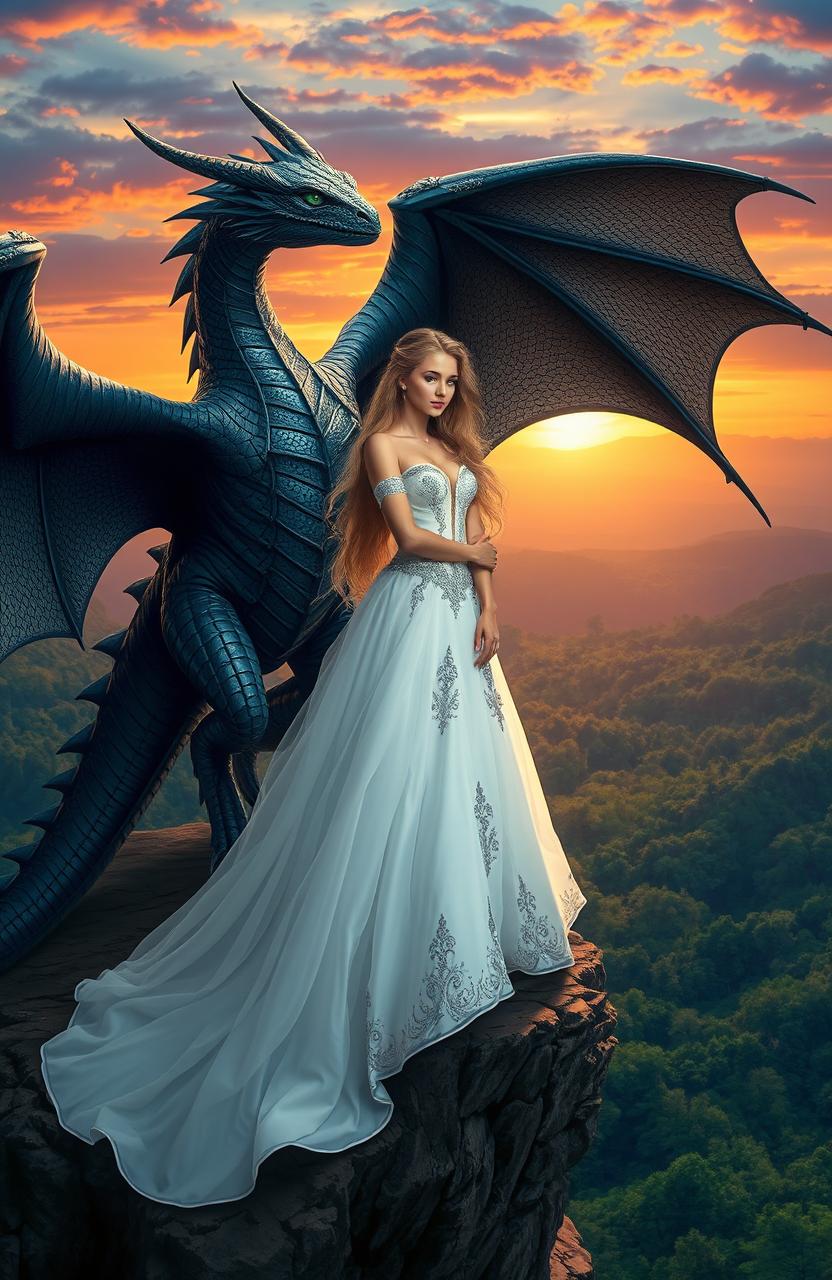 A majestic scene depicting a beautiful white princess, wearing an elegant flowing gown adorned with silver and blue, standing on a cliff overlooking a vast, enchanted forest
