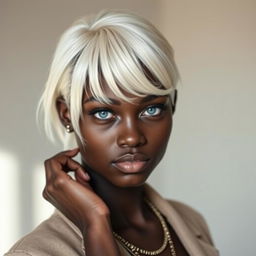 A stunning portrait of a person with dark skin, striking albino white hair, and piercing blue eyes