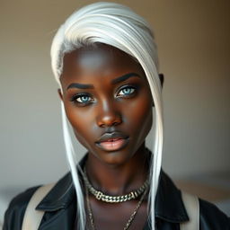 A stunning portrait of a person with dark skin, striking albino white hair, and piercing blue eyes