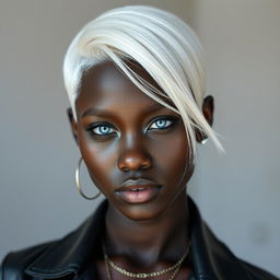 A stunning portrait of a person with dark skin, striking albino white hair, and piercing blue eyes