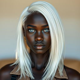 A stunning portrait of a person with dark skin, striking albino white hair, and piercing blue eyes