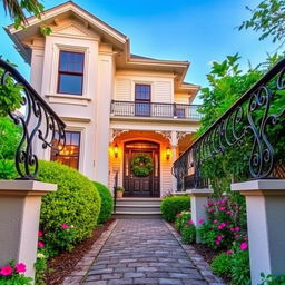 A beautifully designed front of a house featuring a charming entrance with elegant railings
