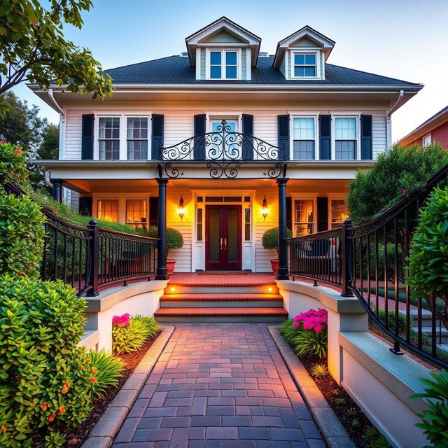 A beautifully designed front of a house featuring a charming entrance with elegant railings