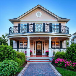 A beautifully designed front of a house featuring a charming entrance with elegant railings
